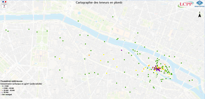 Carte des relevés de la concentration en plomb sur la voirie, après l'incendie de Notre-Dame.