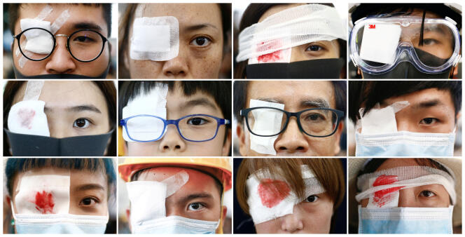 Photomontage de manifestants portant un pansement à l’œil en hommage à une camarade blessée, à Hongkong, le 12 août.