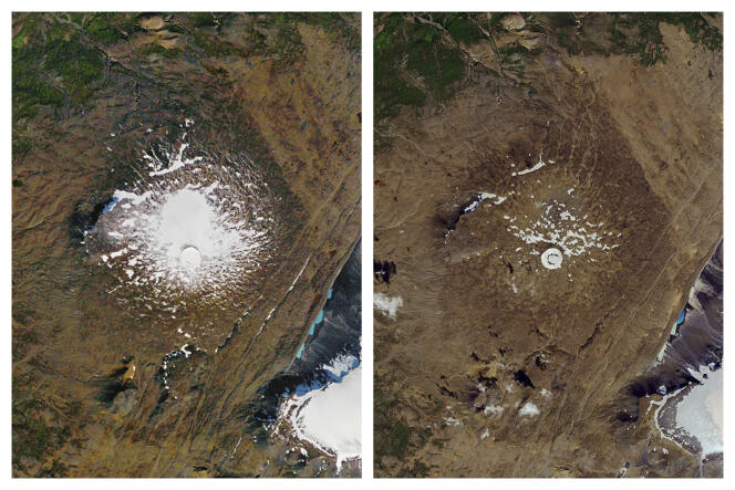 Images satellites du glacier Okjökull le 14 septembre 1986 (à gauche) et le 1er août 2019 (à droite).