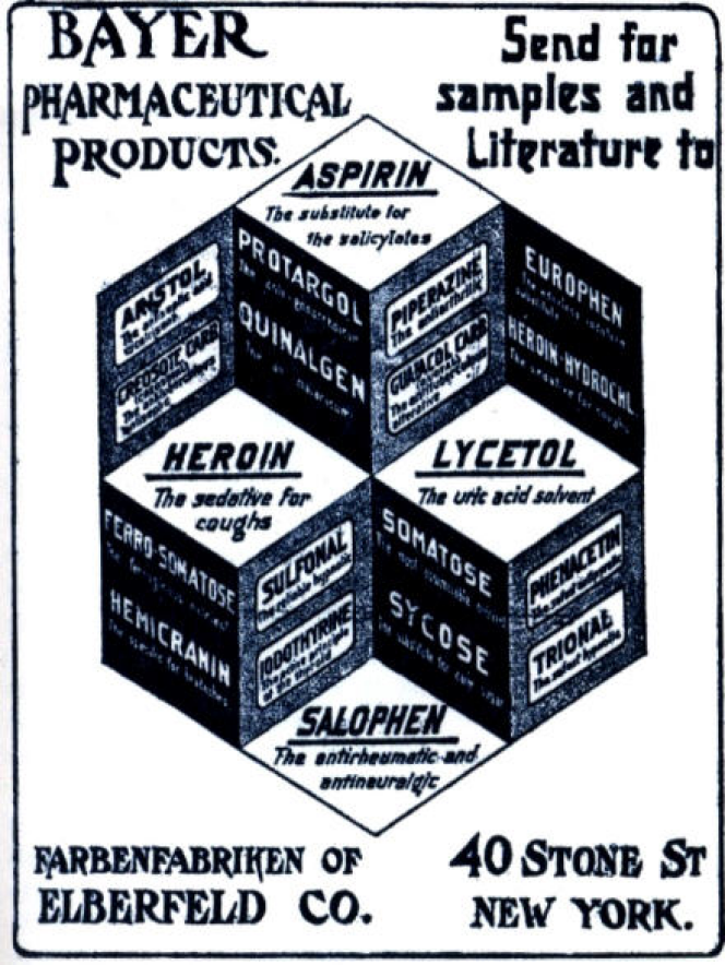 Publicité américaine pour les produits Bayer, dont l’héroïne, datant de 1904.