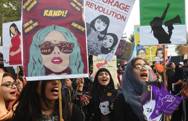 Manifestantes lors de la « Marche des femmes » à Lahore, le 8 mars 2018.
