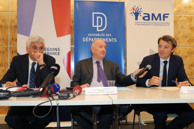 De gauche à droite : Hervé Morin,  Dominique Bussereau, François Baroin, donnent une conférence de presse le 3 juillet 2018 au siège (ADF) à Paris