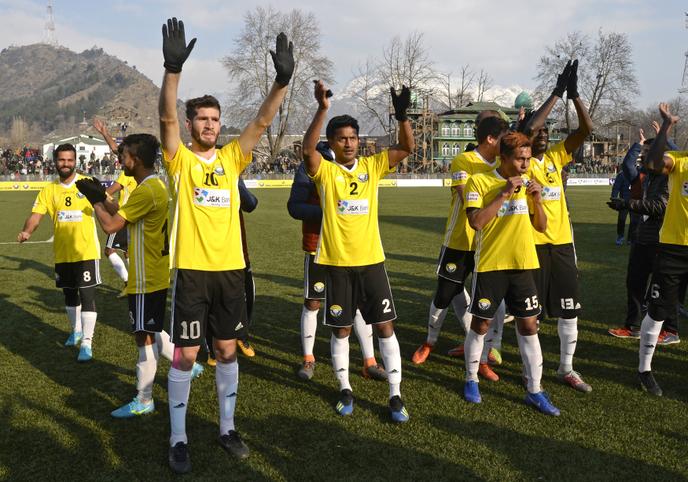 Real Kashmir players in a match against Chennai City FC in Srinagar, January 28, 2019.