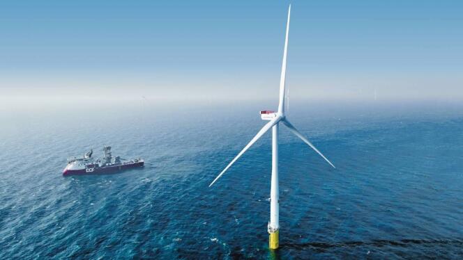 L’une des 19 turbines du parc éolien offshore Horns Rev 3, situé en mer du Nord, entre 25 et 40 kilomètres de la côte ouest du Danemark.