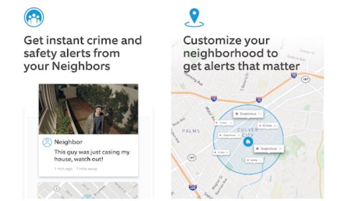 Des captures d’écran de l’application Neighbors sont présentées sur le magasin d’applications de Google.