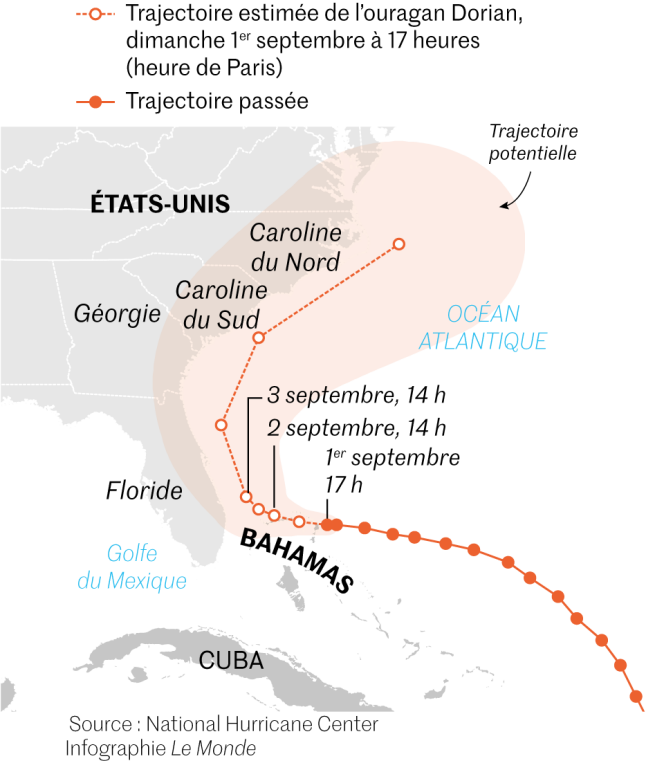 La trajectoire estimée de l'ouragan Dorian.