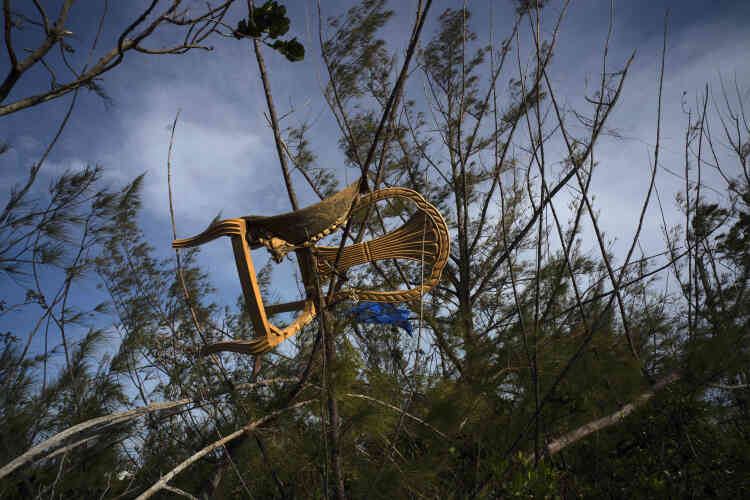 Une chaise s’est retrouvée prise dans un bosquet, emportée par les vents violents de l’ouragan Dorian, à Pine Bay, près de Freeport, le 4 septembre.
