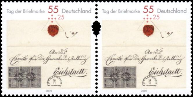 Un des « must » de la philatélie allemande:  lettre à destination de la ville bavaroise d’Eichstatt, affranchie d’un bloc de six du premier timbre à 1 kreutzer de Bavière… lettre reproduite sur un timbre allemand de 2009