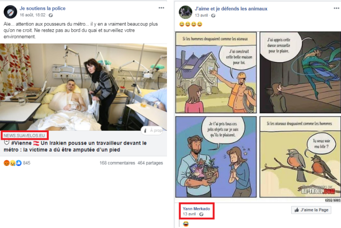 A gauche, un message de la page Facebook Je soutiens la police, qui relaie un article de Suavelos.eu. A droite, la page J’aime et je défends les animaux partage un post de Yann Merkado, cofondateur de Suavelos.