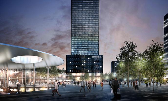 La tour To-Lyon vue de la future place Charles-Béraudier, agrandie et transformée en vaste parvis pour la gare.