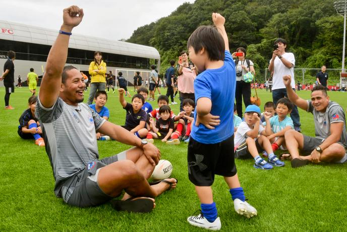L’équipe de rugby des Samoa lors d’un événement organisé à Iwaki (préfecture de Fukushima), samedi 14 septembre 2019.