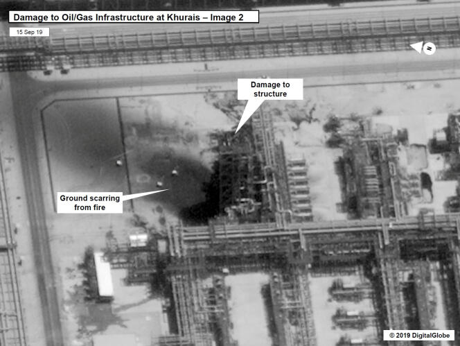 Une image satellite datant du 15 septembre et diffusée par les autorités américaines montre les dégâts dans le champ d’hydrocarbures de Khurais, en Arabie Saoudite.