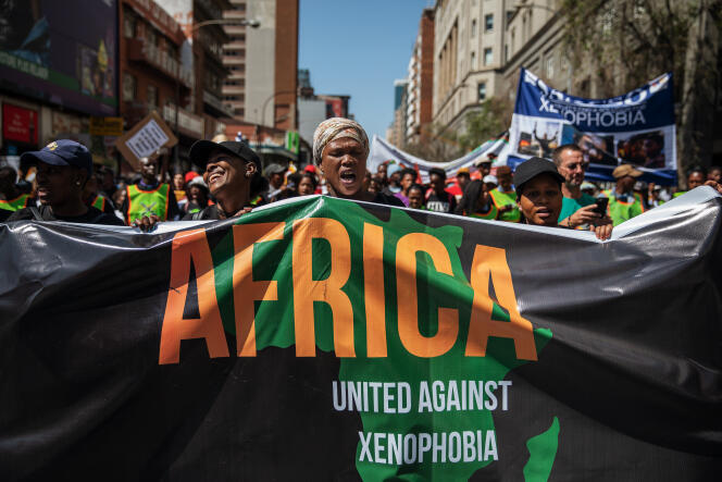 Manifestation contre la recrudescence des attaques xénophobes en Afrique du Sud, le 14 septembre 2019, dans le quartier des affaires de Johannesburg.