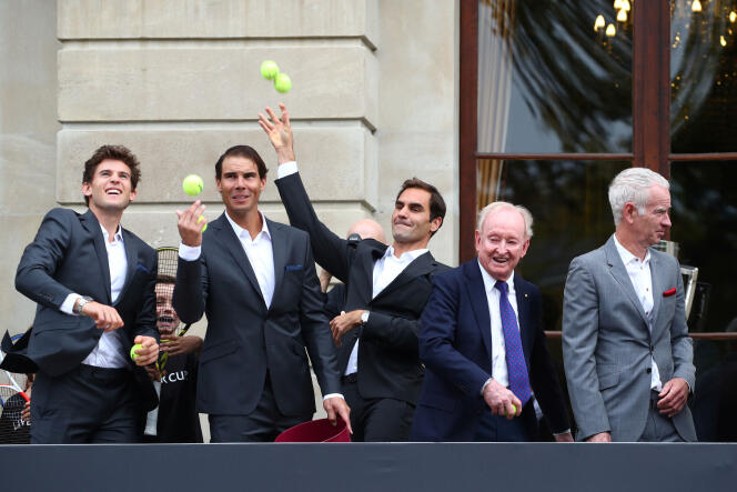 Dominic Thiem, Rafael Nadal, Roger Federer, Rod Laver et John McEnroe, lors de la présentation des équipes, à Genève, le 18 septembre.