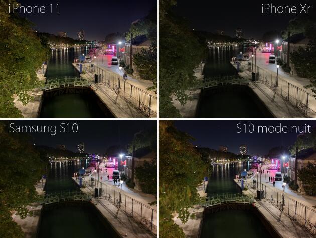 La nuit, l’iPhone 11 capture de bien meilleures images que le Xr qu’il remplace. Le Samsung est battu, même quand on le bascule en mode nuit, ce qui est très pénible, car contrairement à l’iPhone, le passage n’est pas automatique, et parce que la capture prend une douzaine de secondes.