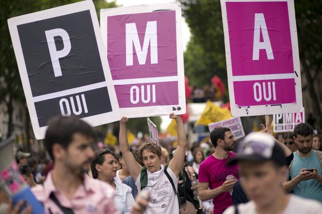 Des personnes marchent pour demander l’ouverture de la PMA à toutes les femmes, à Paris, le 29 juin 2013.