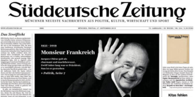 « Monsieur Frankreich » : la « une » du « Süddeutsche Zeitung » au lendemain de la mort de Jacques Chirac.