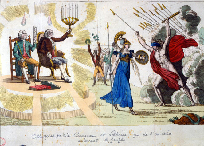 « Les philosophes Rousseau et Voltaire, de l’au-delà, éclairent le peuple. » Allégorie anonyme du XIXe siècle