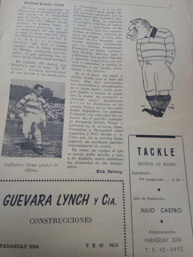 Dans l’hebdomadaire « Tackle », un encart publicitaire pour le cabinet d’architecte du père du « Che », Ernesto Guevara Lynch, qui abritait aussi la rédaction au numéro 2034 de la rue Paraguay, à Buenos Aires.