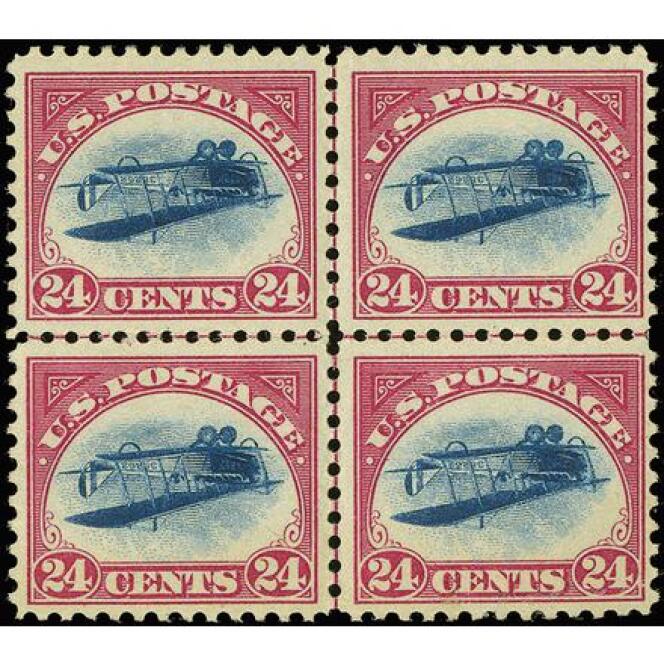 1,74 million de dollars pour ce bloc de quatre timbres de 1918  avec un avion imprimé par erreur à l’envers.