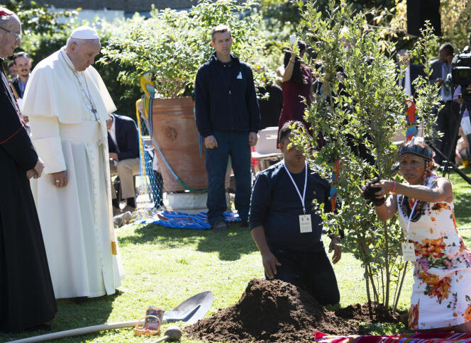 Le pape François et des représentants de peuples indigènes plantent un arbre pour fêter saint François d’Assise, au Vatican, le 4 octobre.