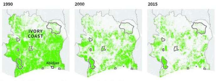 Evolution du couvert forestier (vert) en Côte d’ivoire entre les années 1990 et 2015.