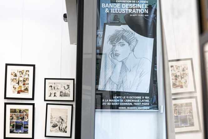 Vue de l’affiche annonçant la vente aux enchères organisée vendredi 11 octobre 2019 par le galeriste spécialisé dans la BD, Daniel Maghen, à Paris.
