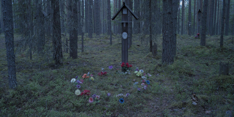 An improvised memorial for the victims of the Stalin's Great Purge placed near a burial pit in the woods of Sandarmokh. 
Located next to the Belomorkanal, which was constructed almost entirely by forced labour of Gulag prisoners, these woods served a place for mass executions in 1937-38, when more than 9000 people of 58 nationalities where executed on the pretext of the anti-Soviet activity.