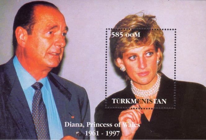 Jacques Chirac sur un timbre de Turkménistan, 1997, en compagnie de Lady Di.