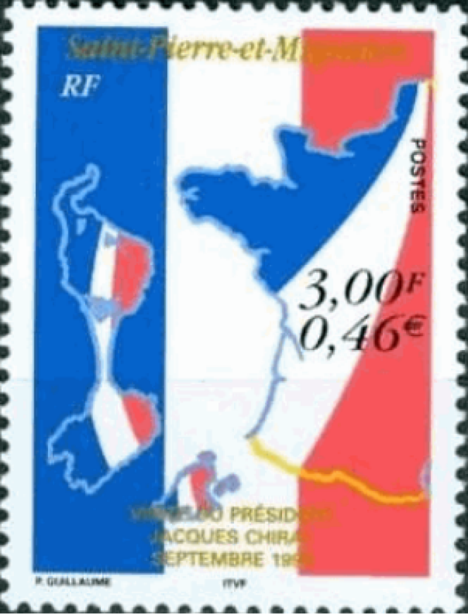 Jacques Chirac évoqué sur un timbre de Saint-Pierre-et-Miquelon, 1999.
