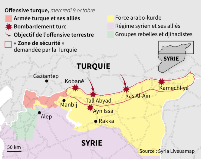 Carte de situation de l’offensive turque en Syrie, au mercredi 9 octobre.