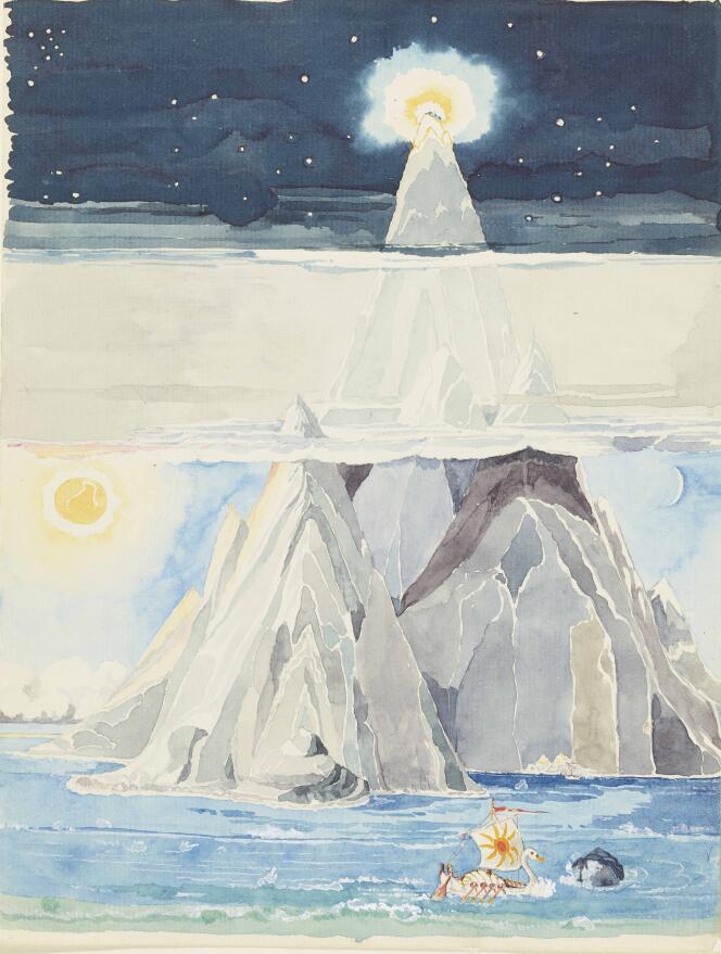 Taniquetil, le pic au sommet duquel trône le Valar Manwë :  un paysage du « Silmarillion ». Aquarelle de Tolkien, 1928.