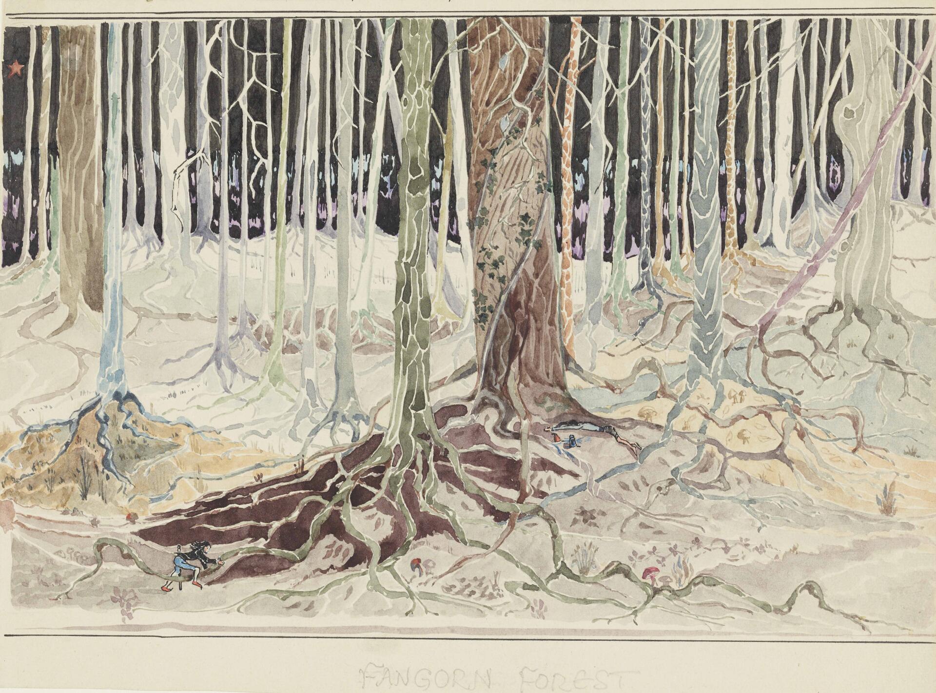 Beleg découvre Flinding à Taur-na-Fúin (« Forêt de Fangorn »). Aquarelle de Tolkien, 1928.