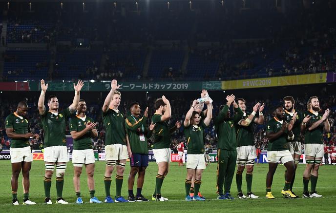 Rugby Les Sud-Africains célèbrent leur victoire : ils joueront la finale du Mondial.