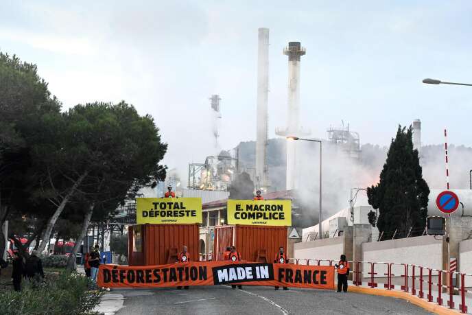 Manifestation de militants de Greenpeace devant la bioraffinerie de La Mède (Bouches-du-Rhône), le 29 octobre.