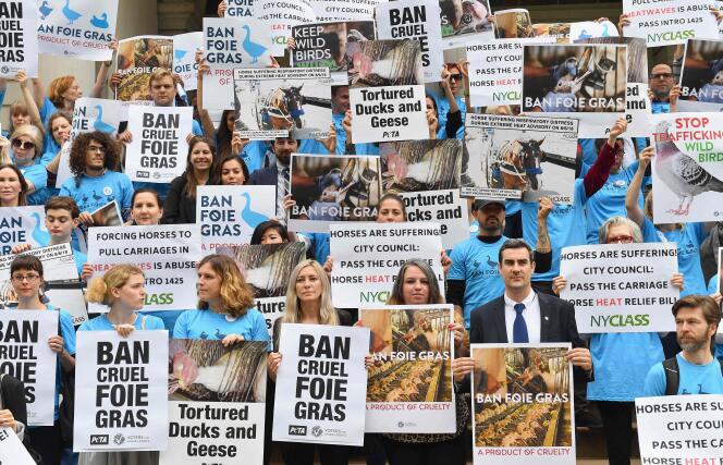 Rassemblement de défenseurs des droits des animaux en faveur d’un projet de loi interdisant la vente de foie gras, à New York, le 18 juin.
