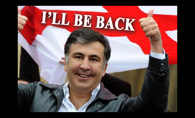 Image affichée sur les ordinateurs piratés, montrant l’ancien président pro-occidental, Mikheïl Saakachvili, accompagné de la phrase : « je reviendrai ! »