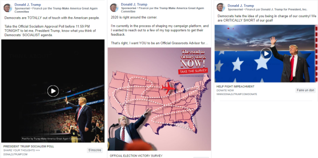 Publicités diffusées par Donald Trump sur Facebook pour lever des fonds ou collecter des données personnelles sur des électeurs.