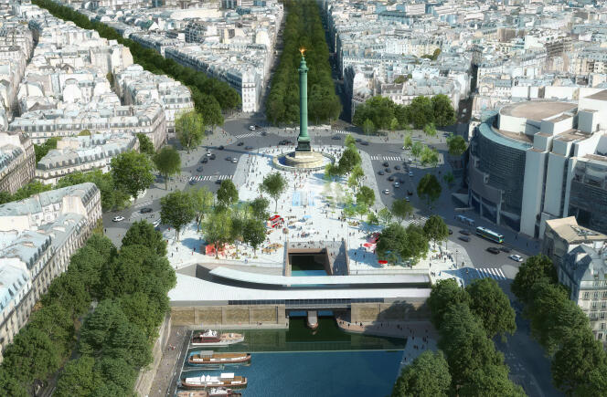 La future place de la Bastille ménage une « presqu’île » piétonne entre la colonne de Juillet et le bassin de l’Arsenal.