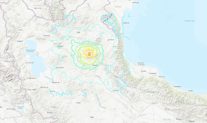 Carte de l’intensité du séisme en Iran, dans la nuit du 7 au 8 novembre 2019.