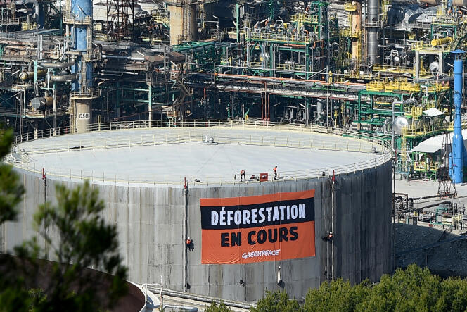 Des militants de Greenpeace ont déployé une banderole portant la mention « déforestation en cours » sur la bioraffinerie de La Mède (Bouches-du-Rhône), en signe de protestation contre l’importation d’huile de palme par Total, le 29 octobre.