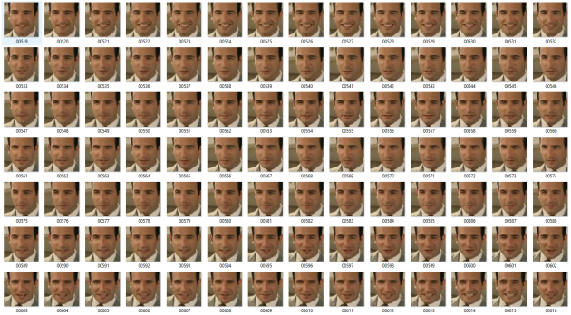 Le logiciel a extrait 888 images du visage de Jean Dujardin. Qu’il faut trier à la main pour repérer d’éventuelles intruses.