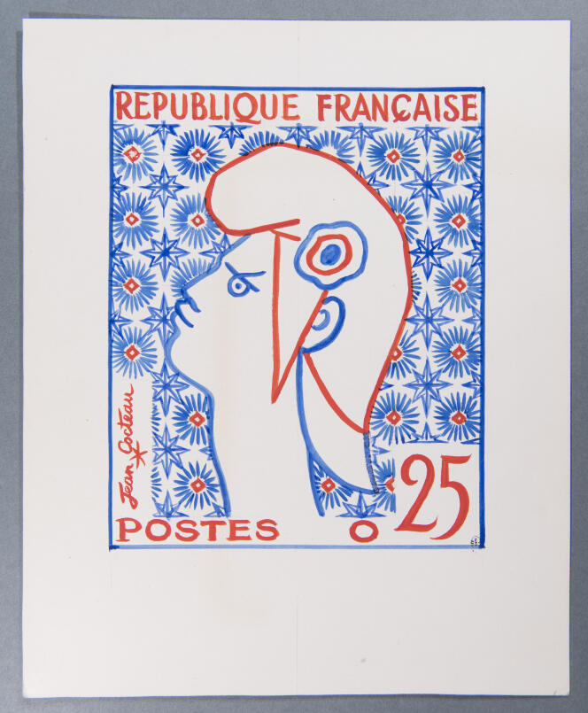 Jean Cocteau, projet de timbre-poste de Marianne, dessin sur papier, crayon, encre et feutre.