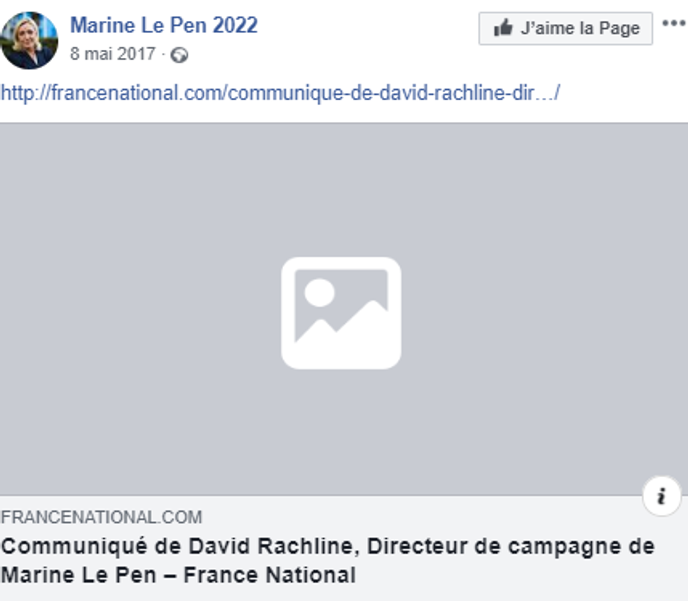 On retrouve encore des traces du site Francenational.com sur les pages Facebook du réseau, comme Marine Le Pen 2022.