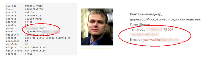 A gauche, les informations associées au nom de domaine Republique5.fr. A droite, celles mentionnées dans la présentation d’Ilya Shvachko sur le site de son entreprise. Les numéros de téléphone sont les mêmes. (Bien qu’il s’agisse d’informations publiques accessibles à chaque internaute en ligne, nous avons masqué les coordonnées de M. Shvachko).