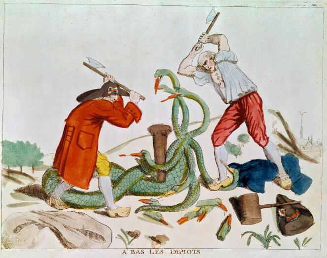 A bas les impiots (en vieux français), 1789 : estampe – une caricature représentant le tiers état terrassant l’hydre responsable de ses maux.
