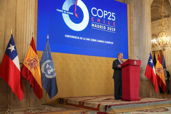 Le secrétaire général des Nations unies, Antonio Guterres, le 2 décembre, à Madrid, lors de l’ouverture de la COP25.