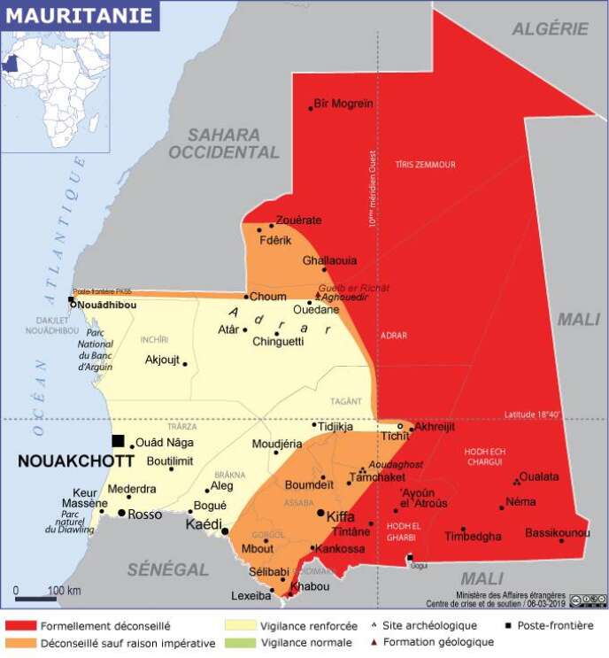 La carte de conseils aux voyageurs établie par le ministère français des affaires étrangères pour la Mauritanie.