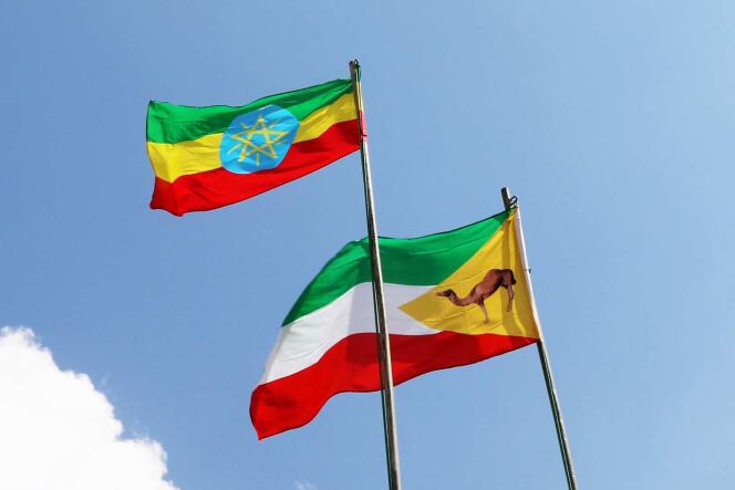 Les drapeaux éthiopien (en haut) et somali, à Djidjiga, en avril 2018.