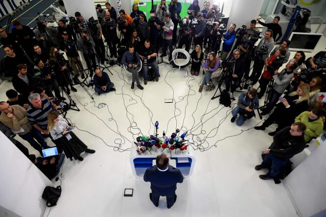 Conférence de presse de Stanislav Pozdniakov, le président du comité olympique russe, à Moscou, le 9 décembre, après l’annonce de la suspension du pays.